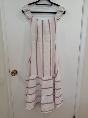 Reformation Embroidered Striped White Midi Dress with Pink Stripe